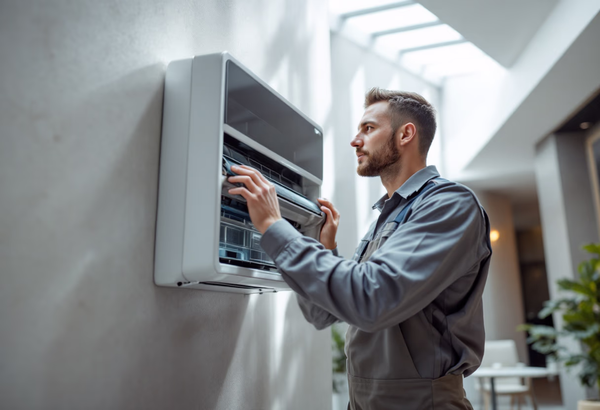 Technician adjusting air filtration system indoors, emphasizing indoor air quality improvement and HVAC services.